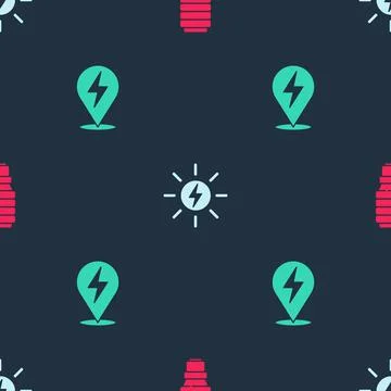 Set LED light bulb, Solar energy panel and Lightning bolt on seamless pattern 库存插图