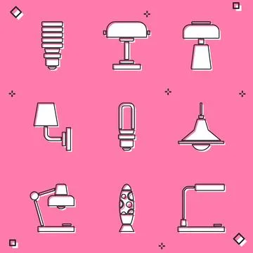 Set LED light bulb, Table lamp, Wall or sconce, Chandelier,  and Floor icon.. Stock Illustration