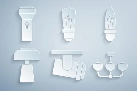 Set Led track lights and lamps, Light bulb, Table, Chandelier, and Flashlight Stock Illustration