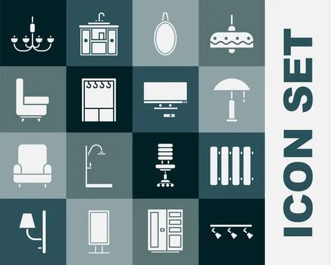 Set Led track lights and lamps, Heating radiator, Table, Mirror, Wardrobe, Ar Ilustración de archivo