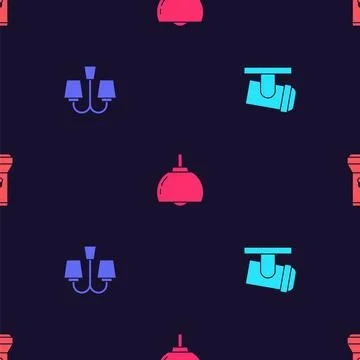 Set Led track lights and lamps, Chandelier, and Flashlight on seamless pattern イラスト素材