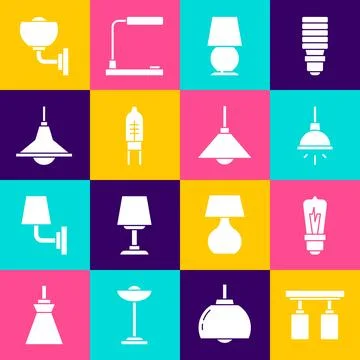 Set Led track lights and lamps, Light bulb, Chandelier, Table, emitting dio.. Stock Illustration