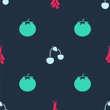 Set Leek, Cherry and Tomato on seamless pattern. Vector Stock Illustration