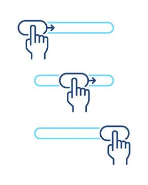 Set of left to right hand button switches. On, Off toggle slider blue line icons Stock Illustration