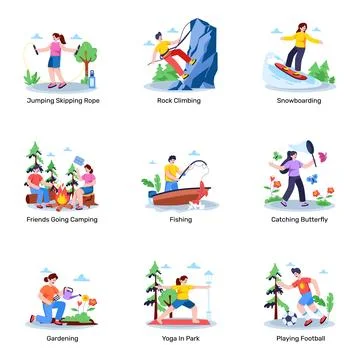 Set of Leisure Activities Flat Illustrations Stock Illustration