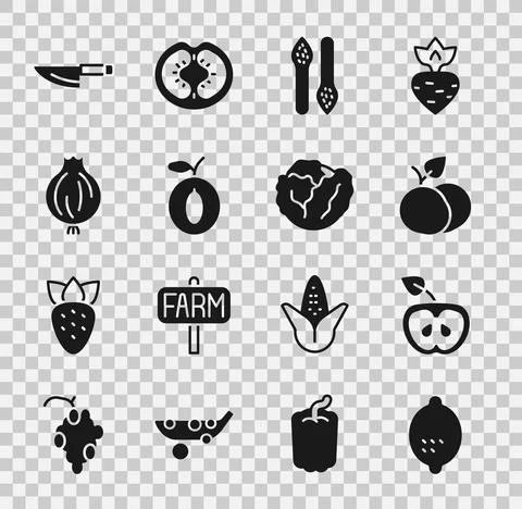 Set Lemon, Apple, Mango fruit, Asparagus, Plum, Garlic, Knife and Cabbage icon Stock Illustration