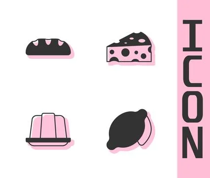 Set Lemon, Bread loaf, Jelly cake and Cheese icon. Vector Stock Illustration