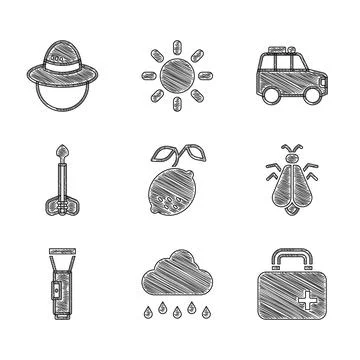Set Lemon, Cloud with rain, First aid kit, Mosquito, Flashlight, Arrow, Car and Stock Illustration
