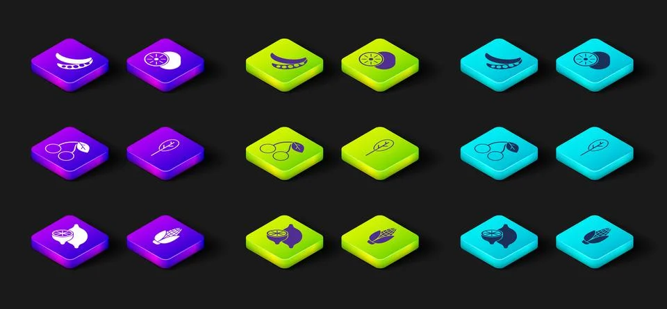 Set Lemon, Corn, Cherry, Spinach, Kiwi fruit and Green peas icon. Vector Stock-Illustration