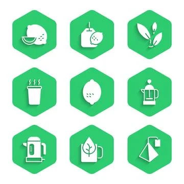 Set Lemon, Cup of tea with leaf, Tea bag, French press, Electric kettle,  a.. Stock Illustration