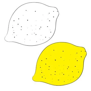 Set of lemon drawn in black lines and painted, isolated object on a white Illustrazione stock