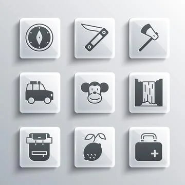 Set Lemon, First aid kit, Waterfall, Monkey, Hiking backpack, Car, Compass and Stock-Illustration