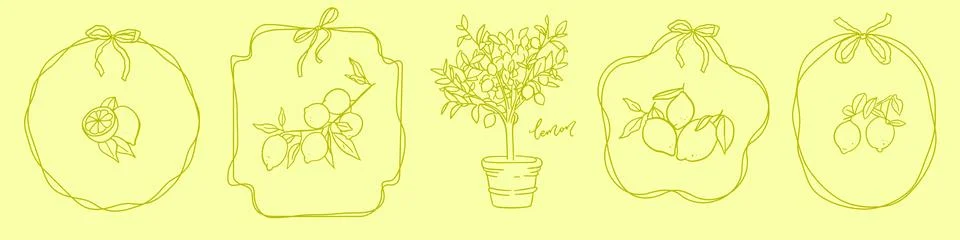 Set of lemon hand drawn linear sketch elements inside coquette bow ribbon wavy Stock Illustration