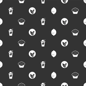Set Lemon, Muffin, Cup of tea with leaf and Tea on seamless pattern. Vector 스톡 일러스트