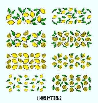 Set of Lemon patterns with green leaves. Summer citrus fruit background. イラスト素材