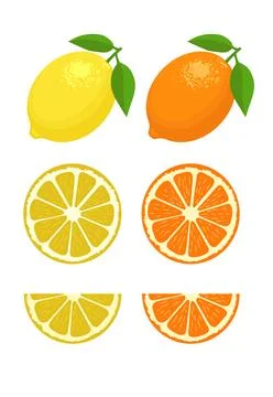Set of lemon slice lemon fruit and leaf Vector illustration. Stock Illustration