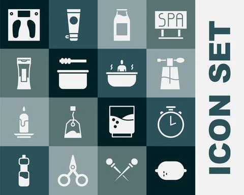Set Lemon, Stopwatch, Perfume, Bottle with milk, Sauna bucket and ladle, of Illustration