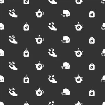Set Lemon, Tea bag with leaf, in hand and Teapot on seamless pattern. Vector 스톡 일러스트