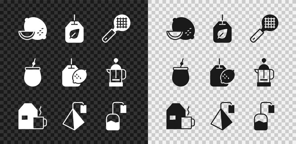 Set Lemon, Tea bag with leaf, strainer handle, Cup of tea milk, Mate and le.. Illustration