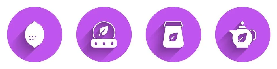 Set Lemon, Tea leaf, packaging and Teapot with icon with long shadow. Vector Illustrazione stock