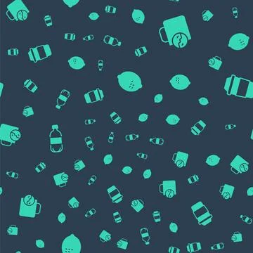 Set Lemon, Tea time, Bottle of water and Cup tea on seamless pattern. Vector Illustrazione stock