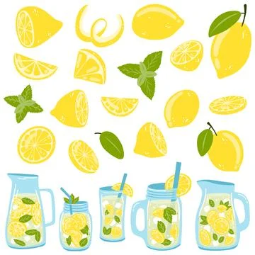 Set of lemons and bottles with lemonade. Vector illustration of citrus fruit Stock Illustration