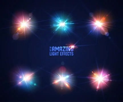 Set of lens flares. Light effects of glare flash Stock Illustration