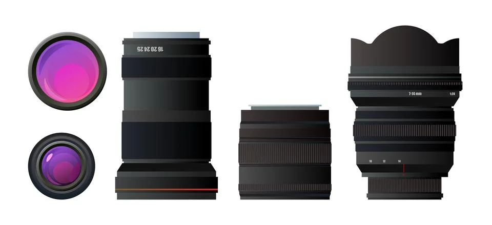 Set of lenses for camera. Various sizes and focal lengths. Optical device. Sh Stock Illustration