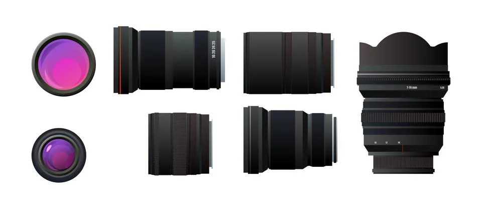 Set of lenses for camera. Various sizes and focal lengths. Optical device. Sh Illustrazione stock