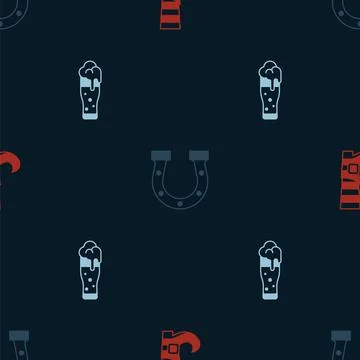 Set Leprechaun boot, Horseshoe and Glass of beer on seamless pattern. Vector Stock Illustration