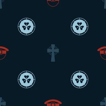 Set Leprechaun hat, Celtic cross and Golden leprechaun coin on seamless pattern Stock Illustration
