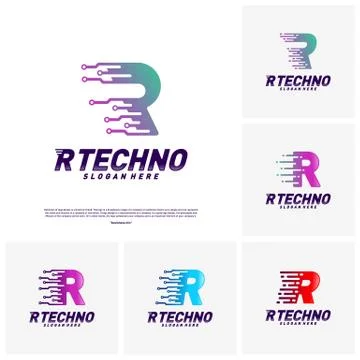 Set of Letter R Digital logo design concept Vector. Initial R Technology logo Stock Illustration
