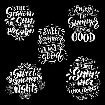 Set of lettering compositions about summer in vector graphics, on a black Stock Illustration
