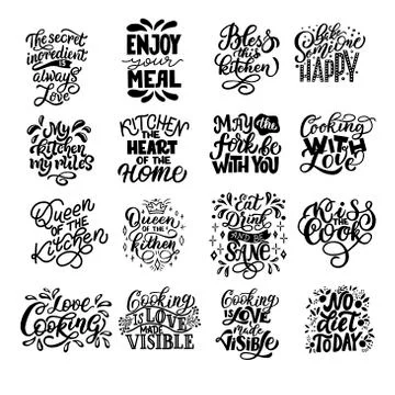 Set of lettering compositions from phrases about the kitchen. Vector monochrome Stock Illustration