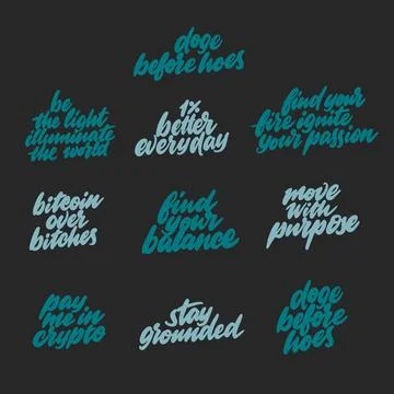 Set of lettering on the theme of cryptocurrency, funny inscriptions for print Stock Illustration