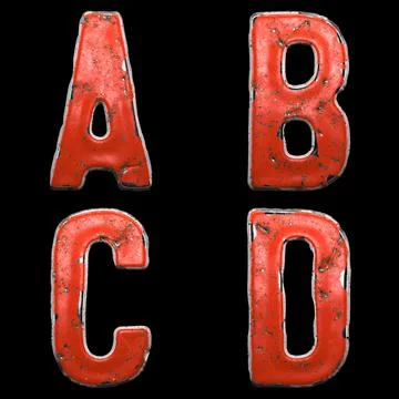 Set of letters A, B, C, D made of red painted metal isolated on black background Stock Illustration