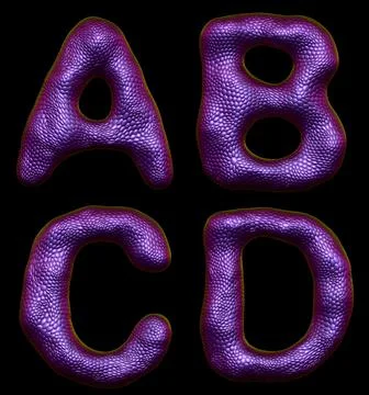 Set of letters A, B, C, D made of realistic 3d render natural purple snake skin Stockillustratie