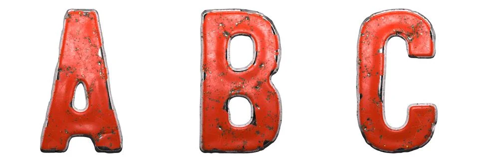 Set of letters A, B, C made of red painted metal isolated on white background Illustrazione stock