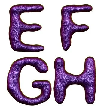 Set of letters E, F, G, H made of realistic 3d render natural purple snake skin Illustrazione stock