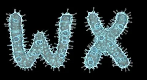 Set of letters made of virus isolated on black background. Capital letter W, X Stock Illustration