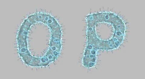 Set of letters made of virus isolated on gray background. Capital letter O, P Illustrazione stock