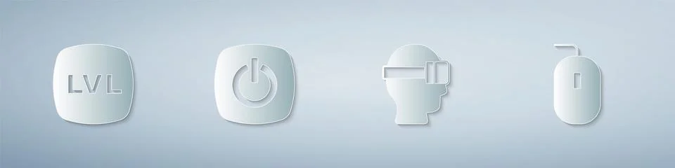 Set Level game, Power button, Virtual reality glasses and Computer mouse. Paper Stock Illustration