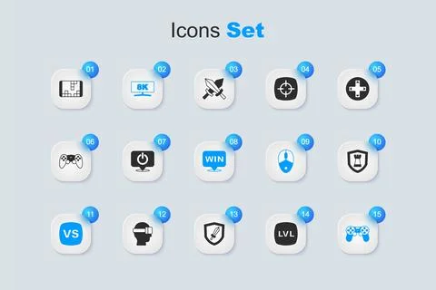 Set Level game, Power button, Computer monitor, VS Versus battle, Game cont.. Stock Illustration