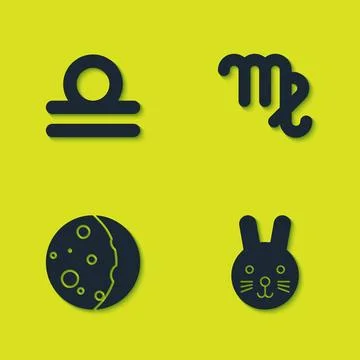 Set Libra zodiac, Rabbit, Eclipse of the sun and Virgo icon. Vector 스톡 일러스트