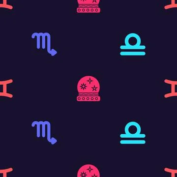 Set Libra zodiac, Scorpio, Magic ball and Gemini on seamless pattern. Vector Stock Illustration