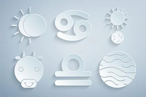 Set Libra zodiac, Solstice, Ox, Planet Venus, Cancer and Eclipse of the sun.. Stock Illustration