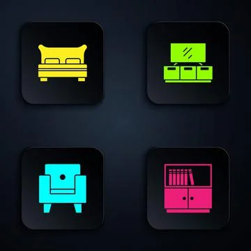 Set Library bookshelf, Big bed, Armchair and TV table stand. Black square button Stock Illustration