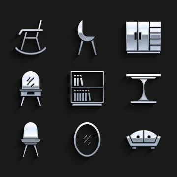 Set Library bookshelf, Mirror, Sofa, Round table, Chair, Dressing, Wardrobe.. Stock Illustration