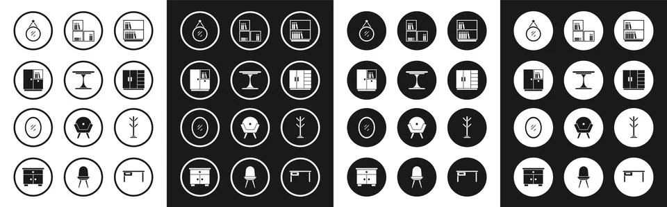 Set Library bookshelf, Round table, Wardrobe, Mirror, Shelf with, Coat stand and Illustrazione stock