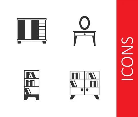 Set Library bookshelf, Wardrobe, and Dressing table icon. Vector 스톡 일러스트